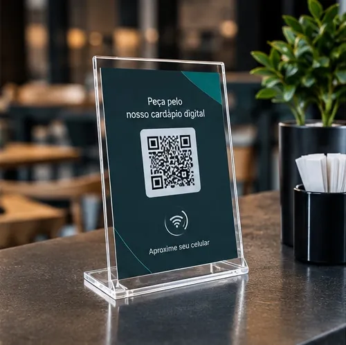 Display de mesa em acrílico com QR Code e NFC